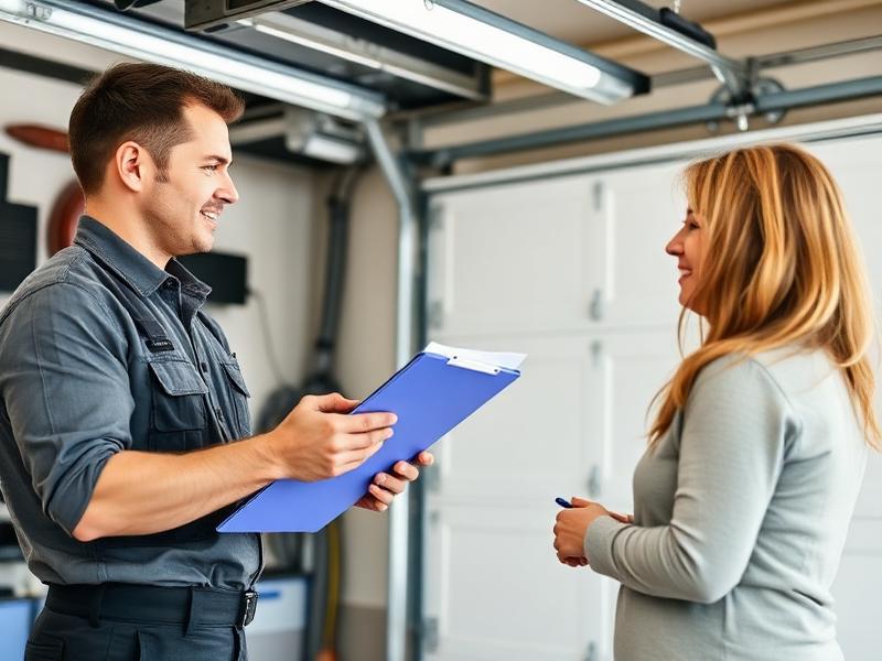 Milan Garage Doors technician explaining repair options to homeowner