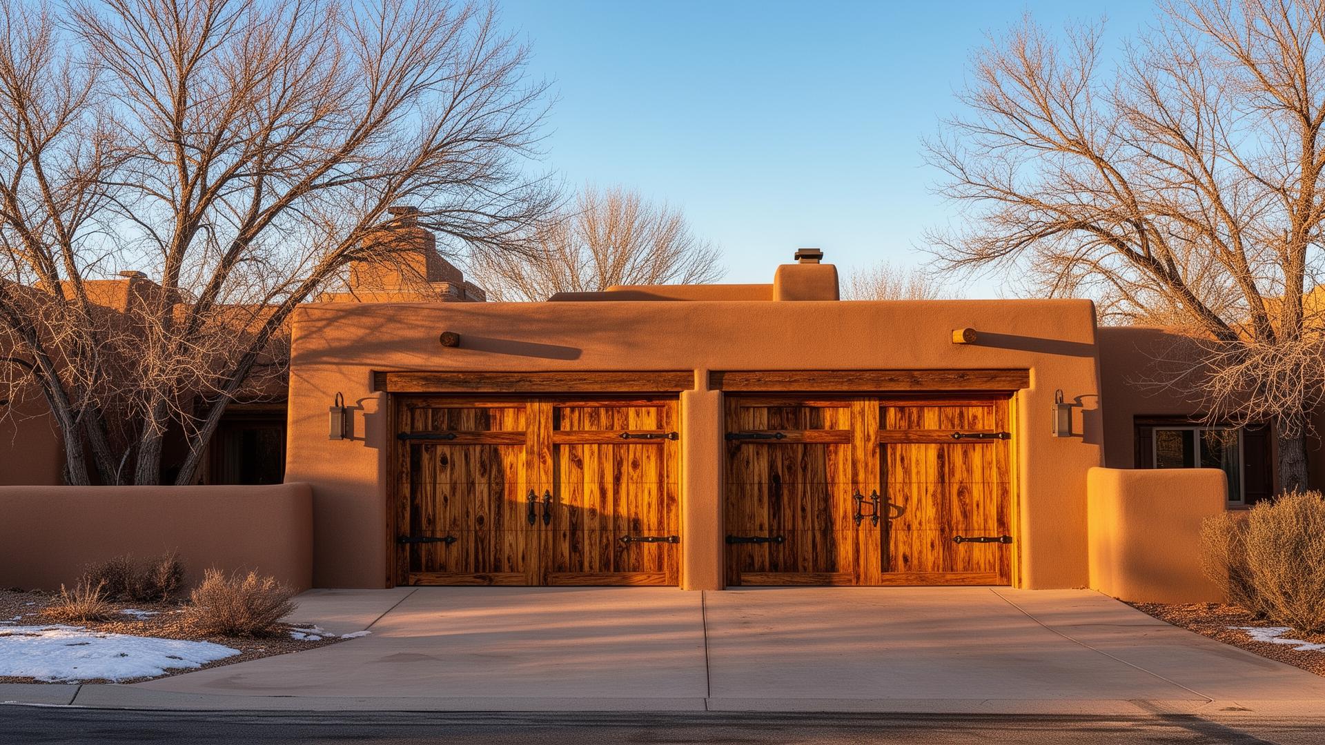 Beautiful rustic wood grain garage doors on a desert Southwest adobe home